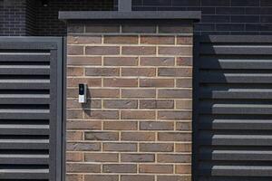 An intercom is mounted on a stylish brick wall at the entrance of a contemporary home, providing communication access for visitors photo