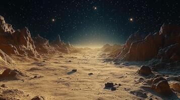 Mysterious alien landscape illuminated by distant stars showcasing rugged terrain photo
