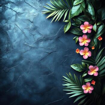 Vibrant tropical flowers and lush leaves create a serene atmosphere on a dark background photo