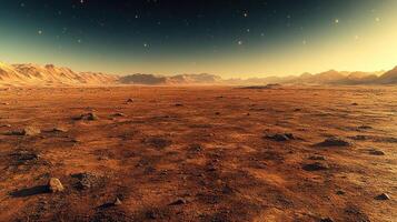 Vast martian landscape under a starry sky at dusk photo