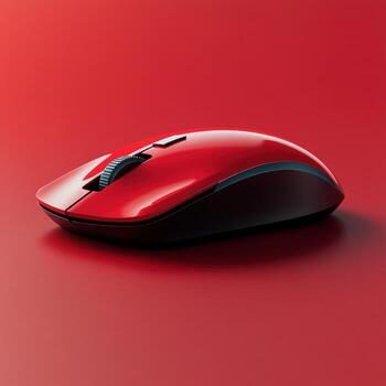 Bright red computer mouse on a vivid backdrop showcases sleek design and modern technology photo