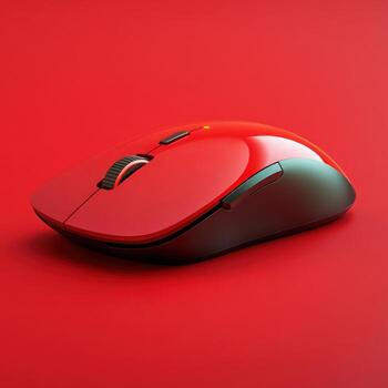 Vibrant red wireless mouse resting on a bold crimson background for a modern workspace photo