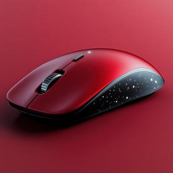 Sleek red wireless mouse with cosmic pattern resting on a vibrant background photo