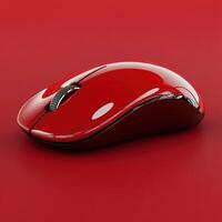 Bright red computer mouse resting on a vivid red surface in a modern workspace photo