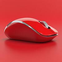 Modern red computer mouse showcasing sleek design against bold backdrop photo