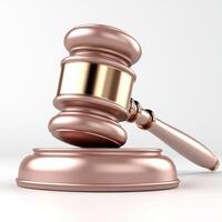 Elegant gavel striking a sound block in a modern legal setting with a golden touch photo