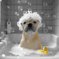 Playful puppy enjoying a bubble bath with a rubber duck in cozy bathroom setting photo