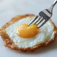 Crispy fried egg with a perfectly runny yolk on a white plate at breakfast time photo