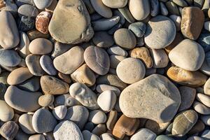 A top-down view of smooth, rounded river rocks in earthy tones. Ideal for backgrounds, zen gardens, and themes of nature, peace, and relaxation. Perfect for meditation. photo