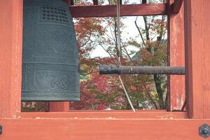 Byodo-in Temple Uji Kyoto Japan, Rustic bell view from a wooden window frame. photo