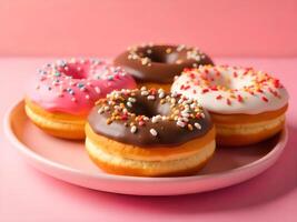 Assortment of Delicious Donuts with Sprinkles on a Pink Plate photo