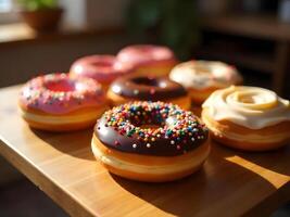 Assortment of Delicious Doughnuts with Colorful Sprinkles photo