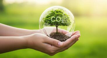 Tree Growing in Earth Globe Protected From Co2 Emissions, Environmental Conservation Concept photo