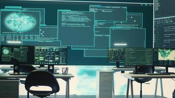 High tech governmental cyber security room without staff at work. Preventing cyber threats, phishing attacks and data breaches with advanced network security and digital protection. Camera A. photo