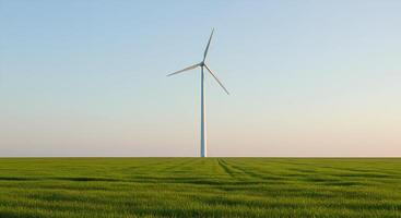 wind turbine in field for green energy transition. white wind turbine for environmental awareness and zero waste lifestyle. wind turbine renewable energy photo