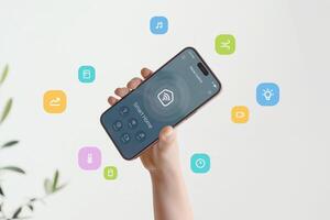 Smart home interface featuring multiple home automation functions visualized through bright graphic elements flying around phone photo