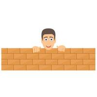 Man peering out from behind a wall. Human head view vector