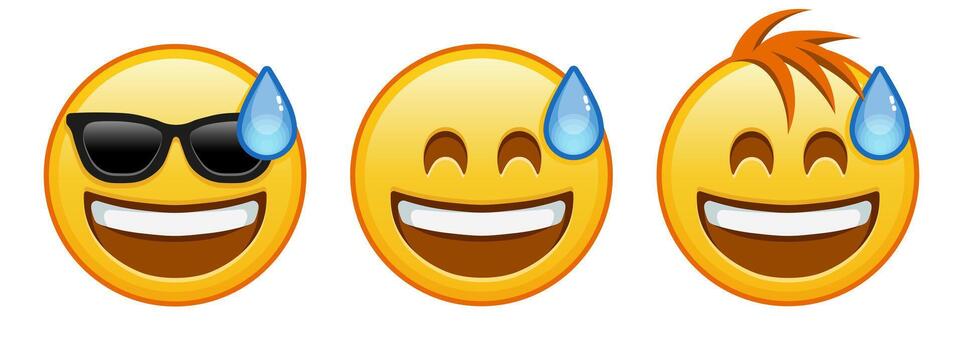 Smiling face in cold sweat with open mouth Set of three emoji vector