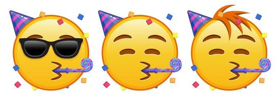 Face with a festive horn and cap Set of three emoji vector