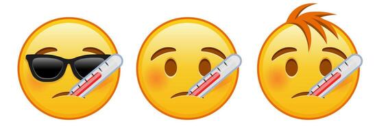 Yellow face with thermometer Set of three emoji vector