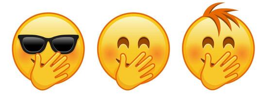 Smiling face with smiling eyes covering mouth with hand Set of three yellow emoji vector