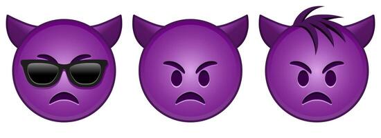 Angry purple face with horns Set of three emoji vector