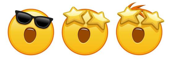 A grinning face with starry eyes Set of three emoji vector