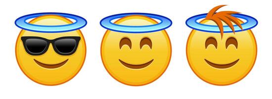 Smiling face with halo above head Set of three yellow emoji vector