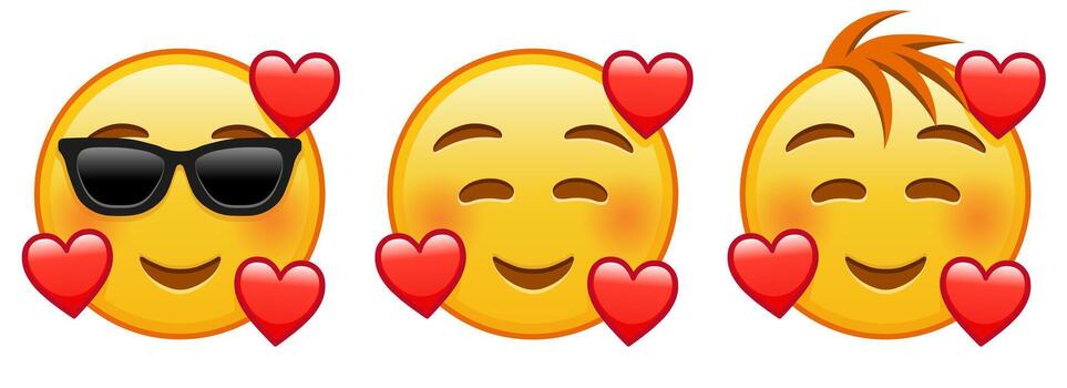 Smiling face with smiling eyes and three hearts Set of three emoji vector