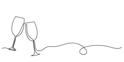 One continuous line drawing of champagne glasses on white background, featuring minimalistic doodle illustration. single line art captures essence of New Year celebrations, perfect for banners. vector