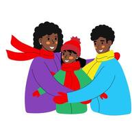 Happy black family hugging each other. People in winter clothes smile and hug. illustration on a white background. vector