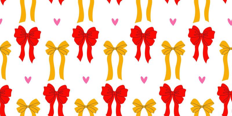 Festive pattern of red and yellow bows with hearts on a white background ideal for wrapping gifts and decorations
