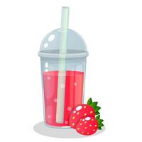 strawberry juice in a plastic cup, summer drink, drink to go, cartoon illustration on a white background vector