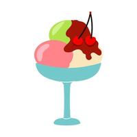 Brightly colored ice cream sundae served in a glass bowl topped with cherries and chocolate sauce vector