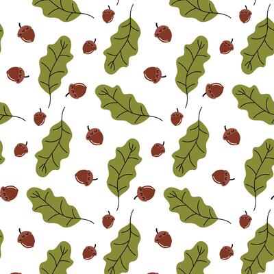 Pattern design featuring green leaves and brown acorns on a white background for nature-inspired decor