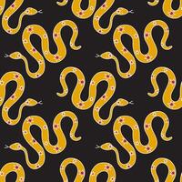 Doodle-style illustration of a snake on a black background, symbolizing the upcoming 2025 year in the Chinese zodiac. Seamless pattern, design for wrapping paper, scrapbooking, textile vector