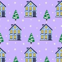Seamless pattern with cute houses and fir trees, snowflakes on a pink background. Festive winter background for design. illustration in flat style. vector