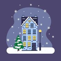 illustration of a cute house with snow, fir tree and lantern, winter illustration, holiday background, Merry Christmas. vector