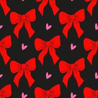 Pattern featuring red bows and pink hearts on a black background showcases a playful design ideal for festivities vector