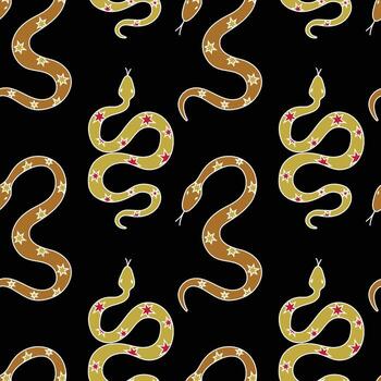 Colorful snake pattern design on black background featuring playful stars and swirls in a whimsical style vector