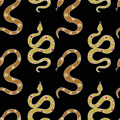 Colorful snake pattern design on black background featuring playful stars and swirls in a whimsical style