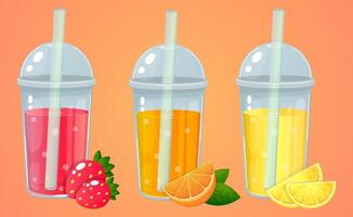 Set Fruit juice in a plastic cup with a straw. Lemonade, orange, strawberry, summer drinks. Juice with fresh fruit. Summer background for banner. vector
