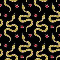 Seamless pattern with mystical snakes and stars in doodle style on a black background. Symbol of 2025 according to the Chinese calendar vector