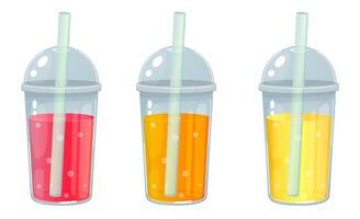 Fruit juice in a plastic cup with a straw. Lemonade, orange, strawberry, summer drinks. Juice to go with fresh fruits.Summer background for banner,poster. vector
