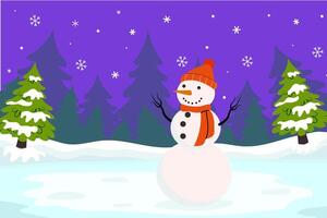 Winter landscape with a snowman against a forest background, hand drawn, illustration in flat style vector