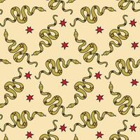 Colorful snake and star pattern on light yellow background creating a vibrant design for textiles or wallpapers vector