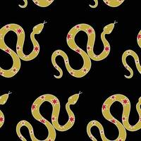 Mystical pattern with snakes in doodle style on a black background. Symbol of 2025 according to the Chinese calendar. vector