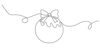 Christmas, Christmas tree ball in style One continuous line drawing on white background. Festive design element for winter. Greeting card and minimalist web banner. Doodle illustration vector