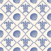 Seamless marine pattern with silhouettes of shells and turtles. Symmetrical, geometric ornament for textiles, paper and decoration of products. vector