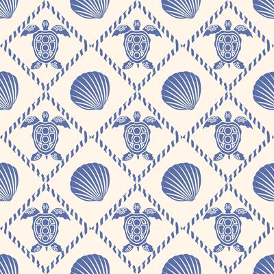 Seamless marine pattern with silhouettes of shells and turtles. Symmetrical, geometric ornament for textiles, paper and decoration of products.
